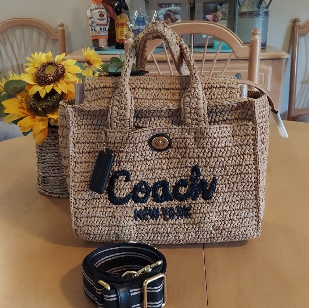 Coach NWT Straw Cargo 26 Natural Woven Tote with Black Accents